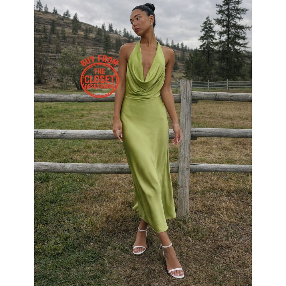MANGO Green Open Back Satin Midi Dress NWT Cowl Neck Wedding Guest - Picture 9 of 16